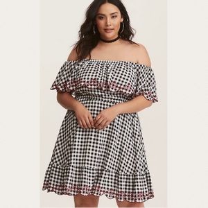 Torrid 3 Embroidered Gingham Off-Shoulder Dress